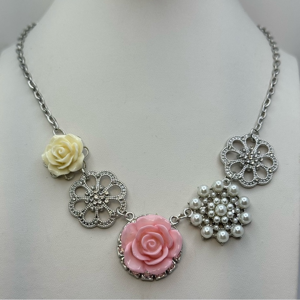 Silver Pink Yellow Rose Faux Pearl Floral Statement Necklace Cottagecore